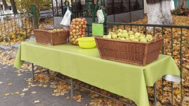 Mere gratis în fața unei biserici. Fructele au fost donate de un fermier